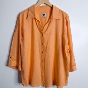 Anne Klein Orange Linen Blouse Blouse Pull Tab Sleeve V-Neck XL Breathable
